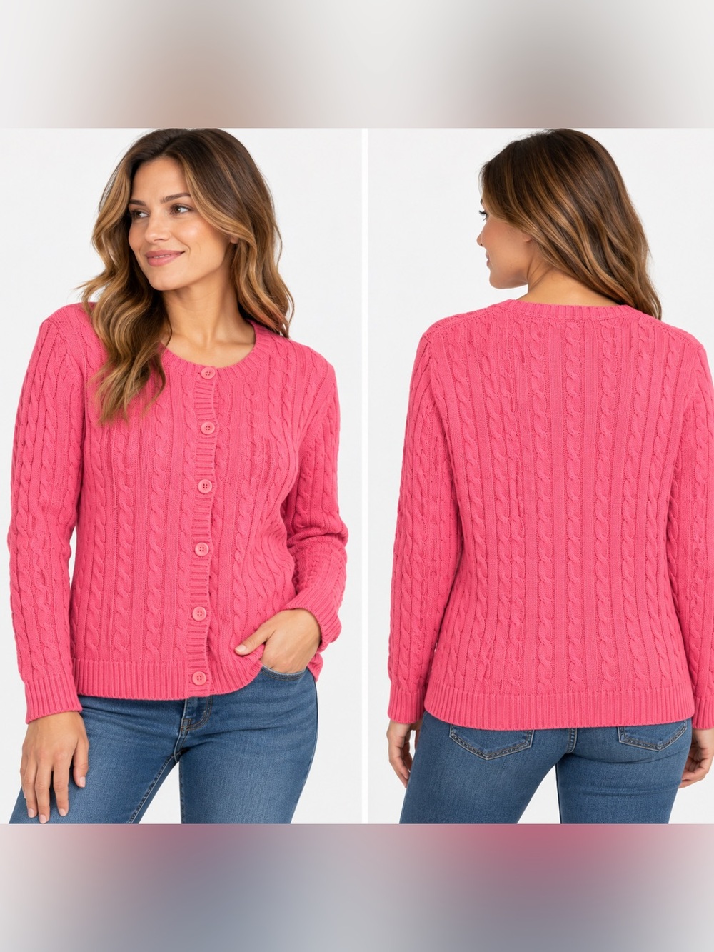 L.L.Bean XL Pink Cable Knit Cardigan Sweater 100% Cotton Button Front